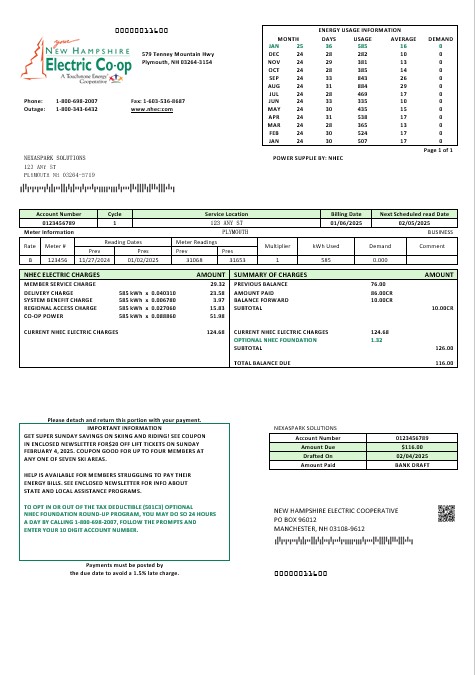 USA New Hampshire Electric Co op electricity business utility bill template in Word and PDF formats